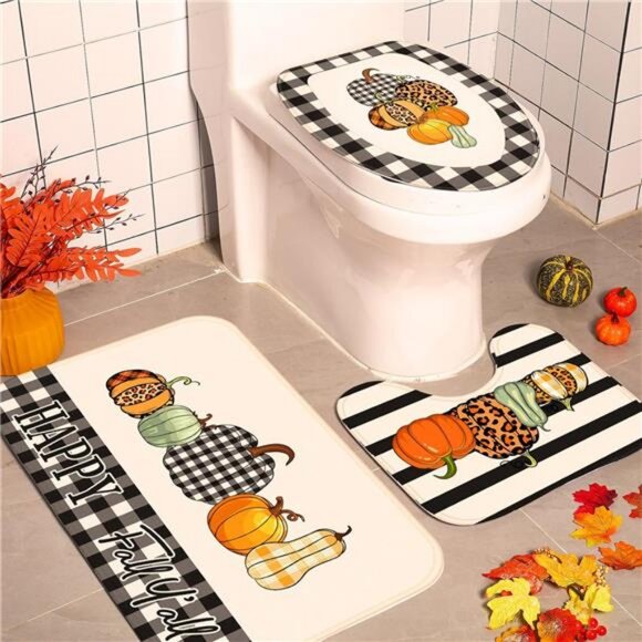Preboun 4 Pcs Fall Pumpkin Shower Curtain Set 72" Autumn‎ Farmhouse Bathroom - Picture 4 of 8